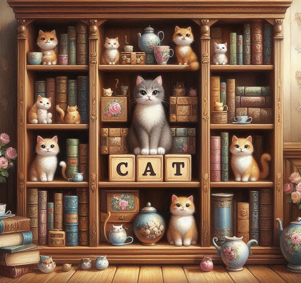 Cats on a Bookcase, a series