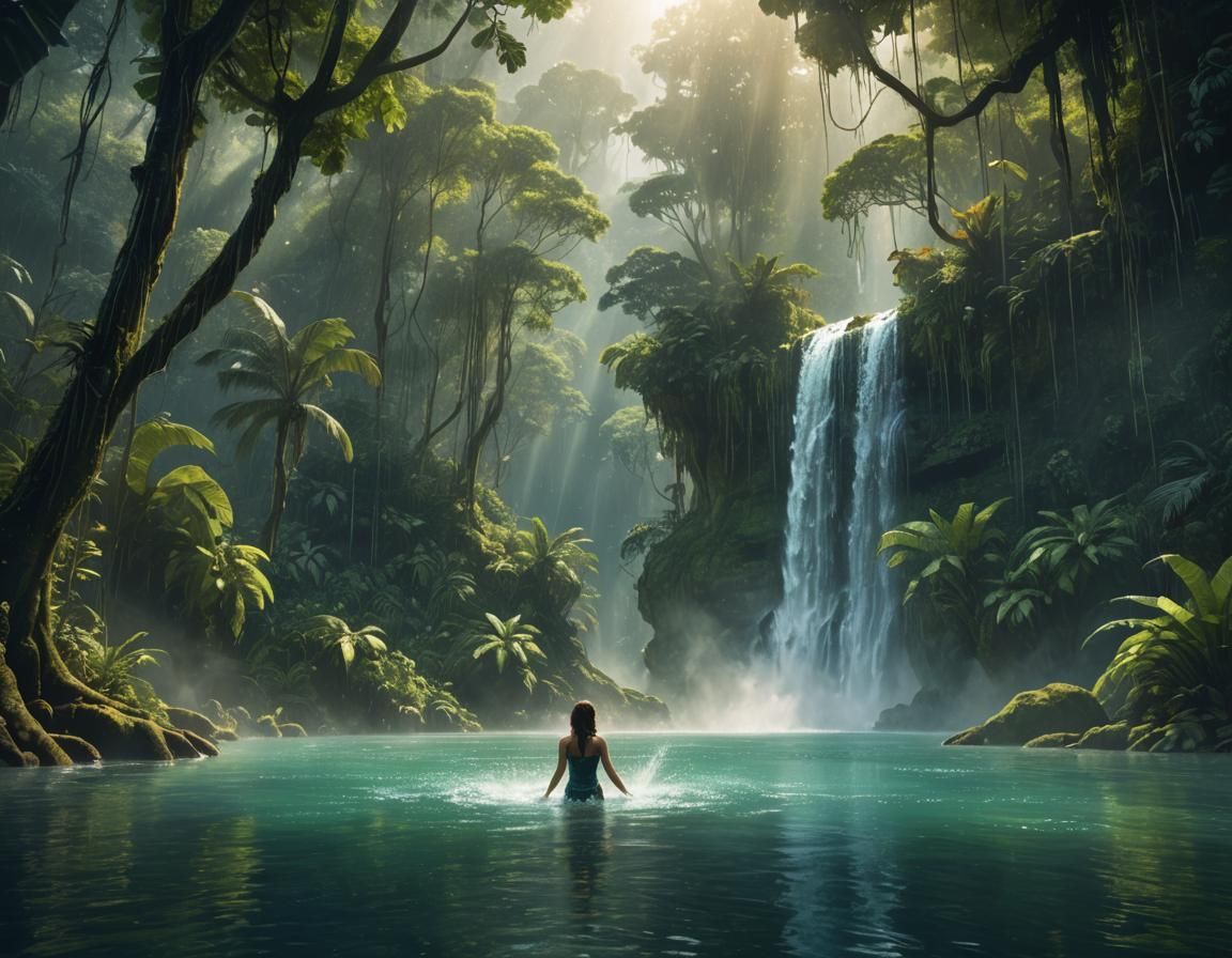 visual stunning photo of a woman swimming in a rain forest lake by a waterfall in the jungle, mist, volumetric lighting,  centered| key visu...