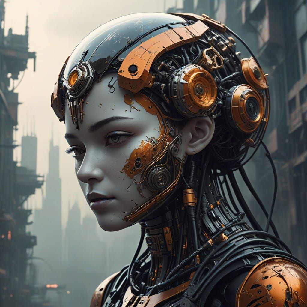 An ethereal cyberpunk masterpiece depicting humanoid android constructs a futuristic, dystopian industrial ...  by @undefined