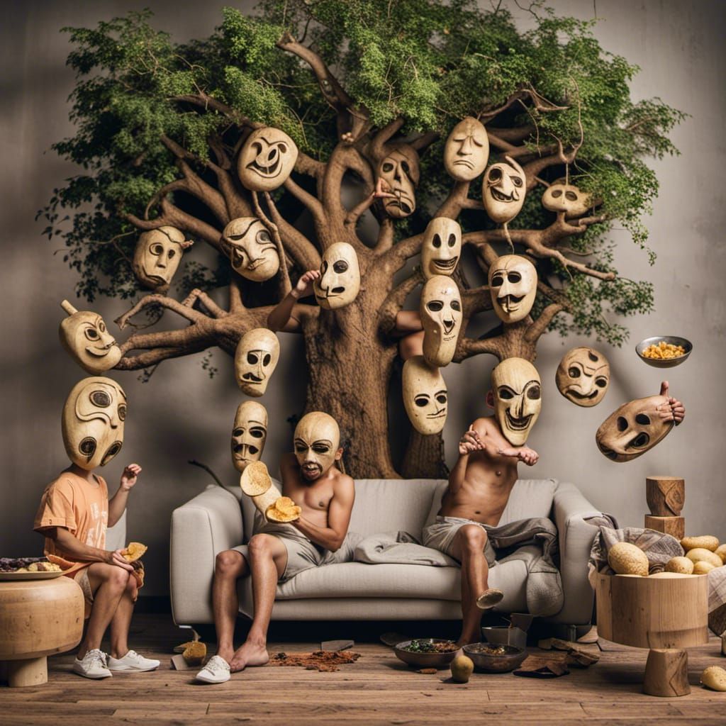 Tree-spirits with wooden masks dancing behind a sofa with a ...