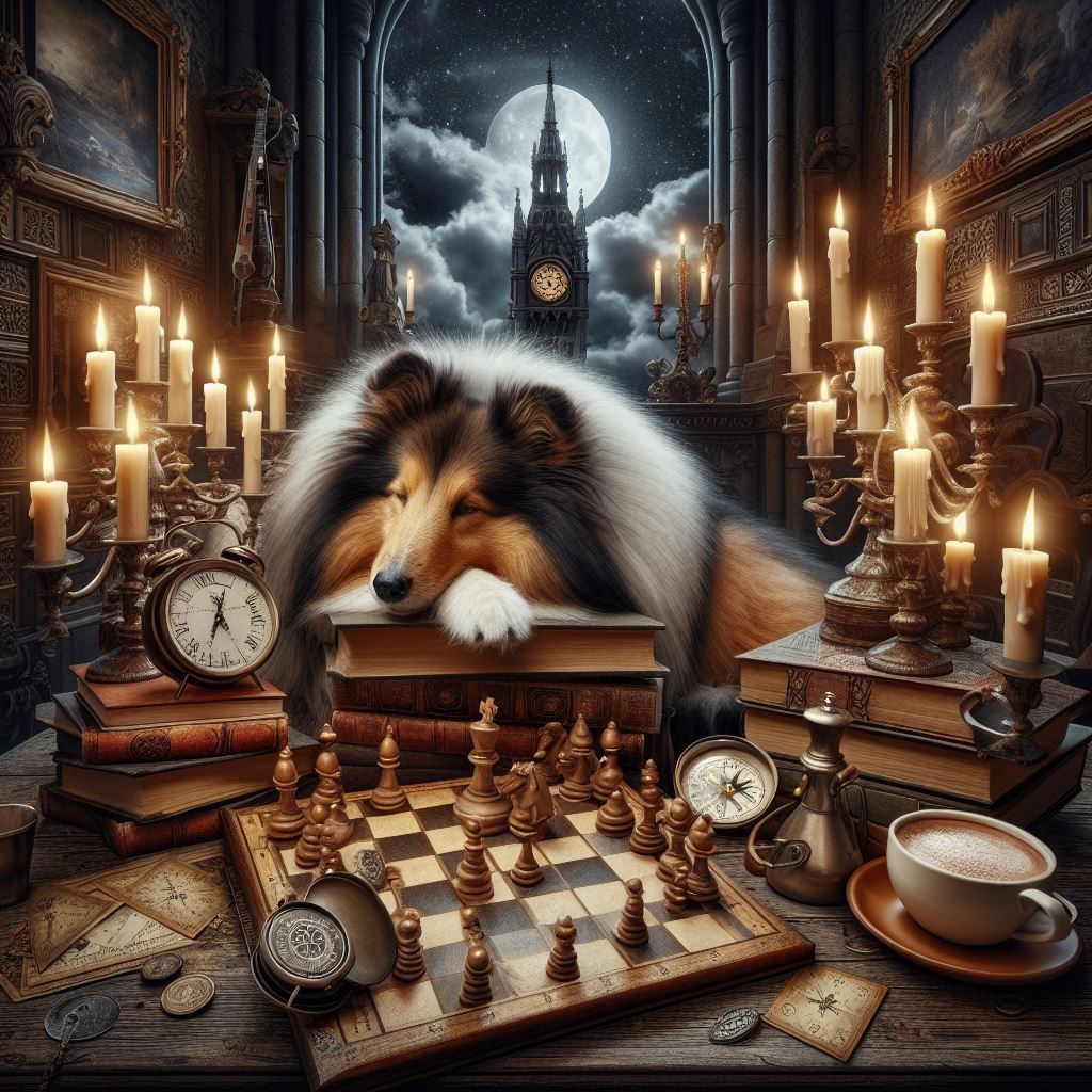 Sleepy Sheltie contemplating his next Chess move