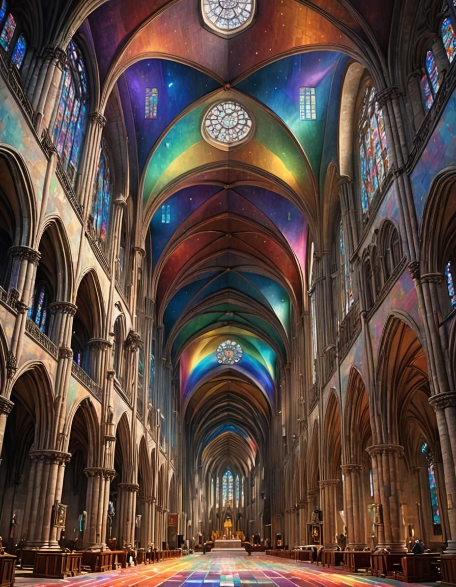 The inside of a large cathedral, the vaulted ceiling made from rainbows, detailed matte painting   by @Gina Morley