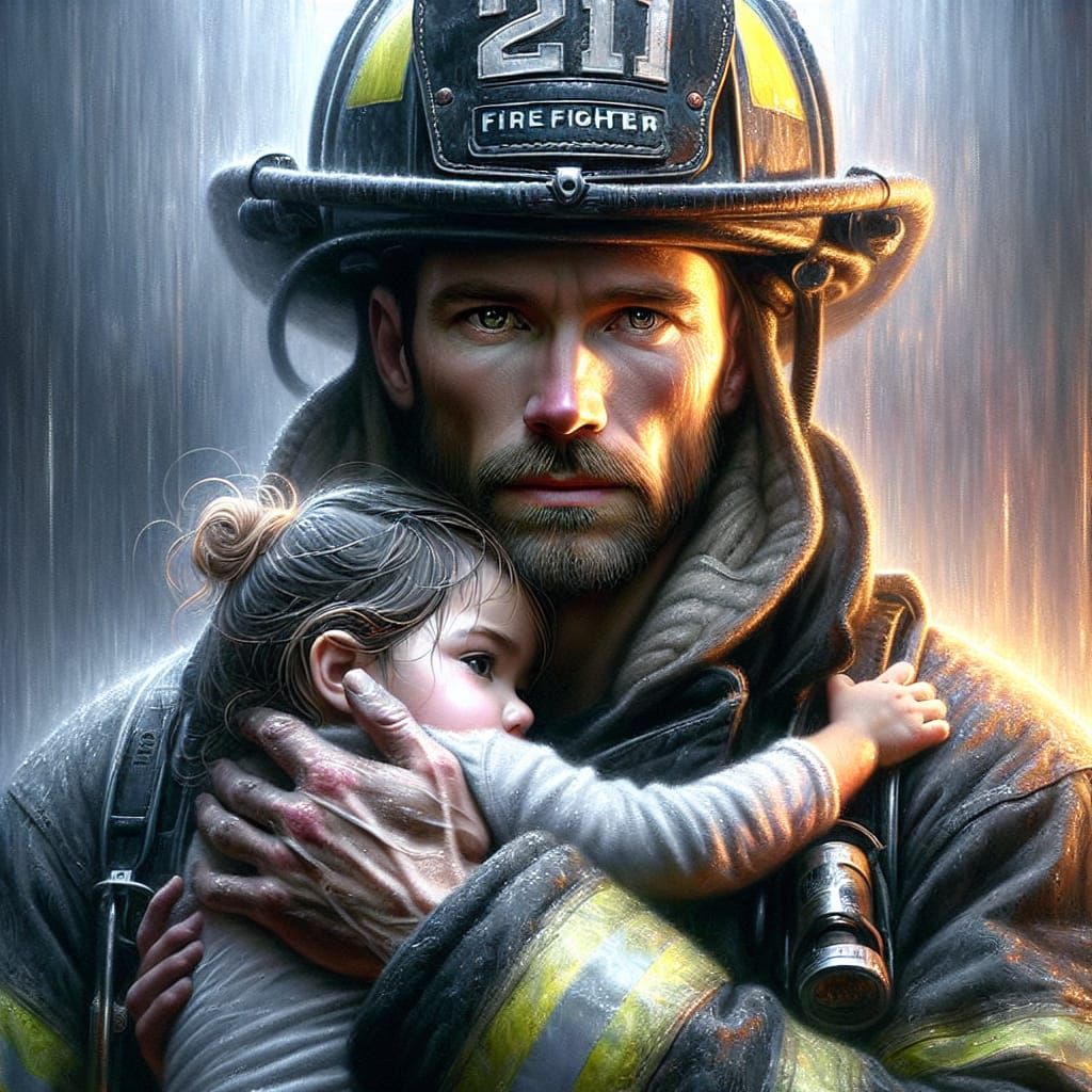 The image portrays a firefighter heroically cradling a child in his arms, rendered in a striking blend ...  by @AutumnBear