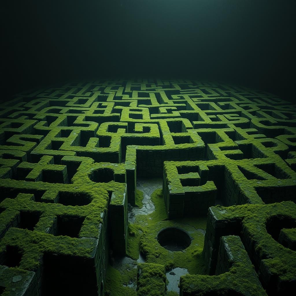 a medieval maze, the wall are build with letters in a light green color and dark background.



