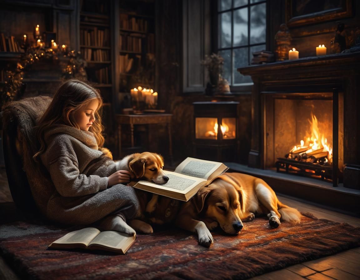 Cozy evening by the fireplace: a little girl lying on her stomach reading a book beside a dog sleeping ...  by @Summerchild