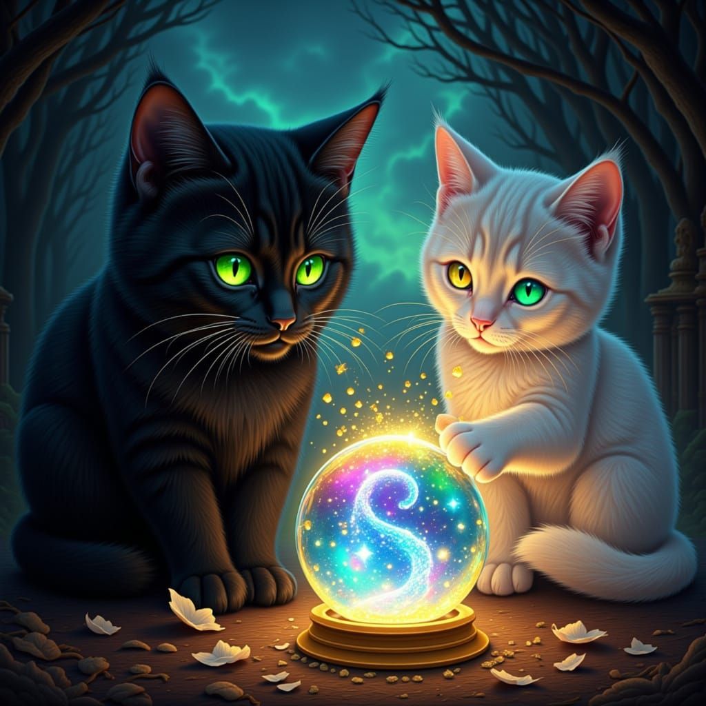 Albus the black cat with emerald green eyes, subla the white fur Kitten with golden eyes, morgana holding a crystal ball capturing Albus and...