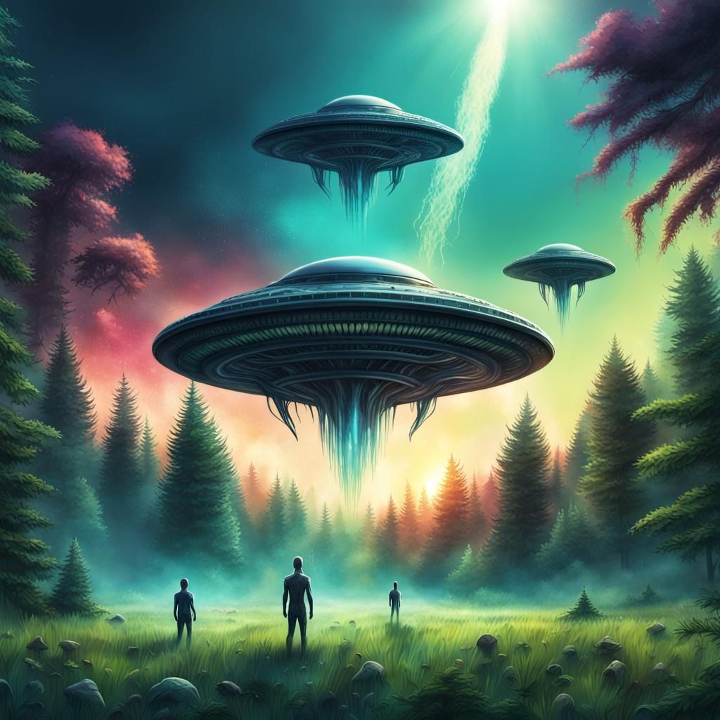 aliens standing in sky ufo , around forest summer,grass ,digital ...