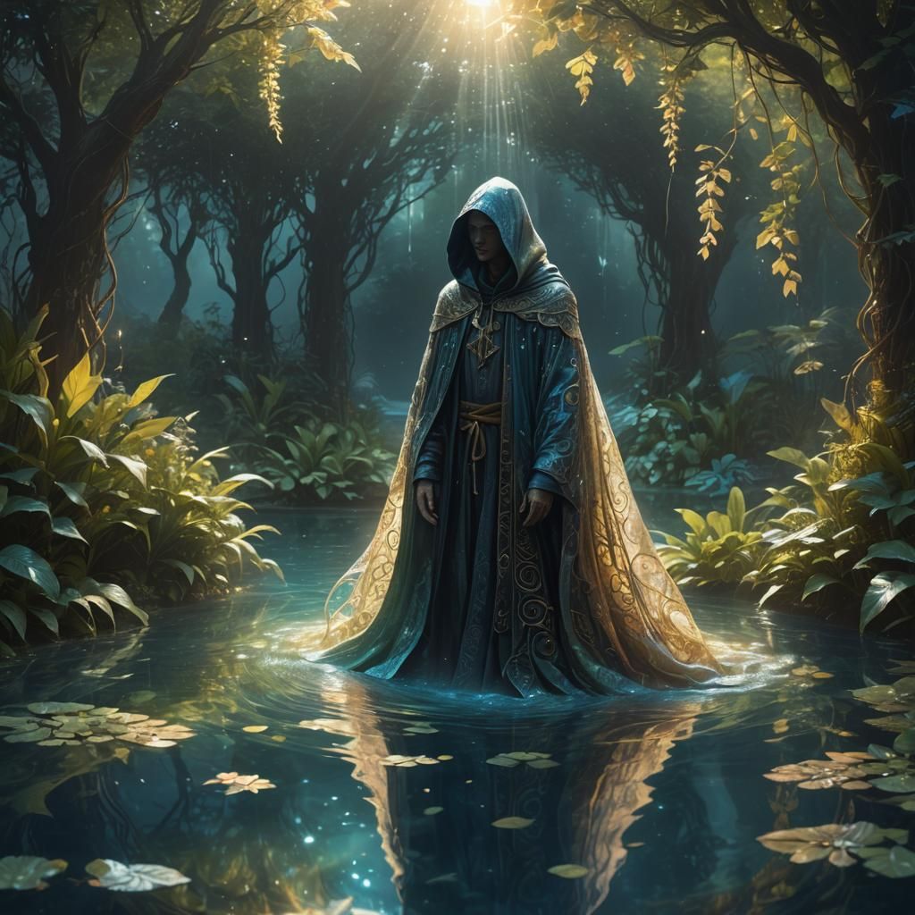 Mystical Hooded Figure by Iridescent Pool: Fantasy Art