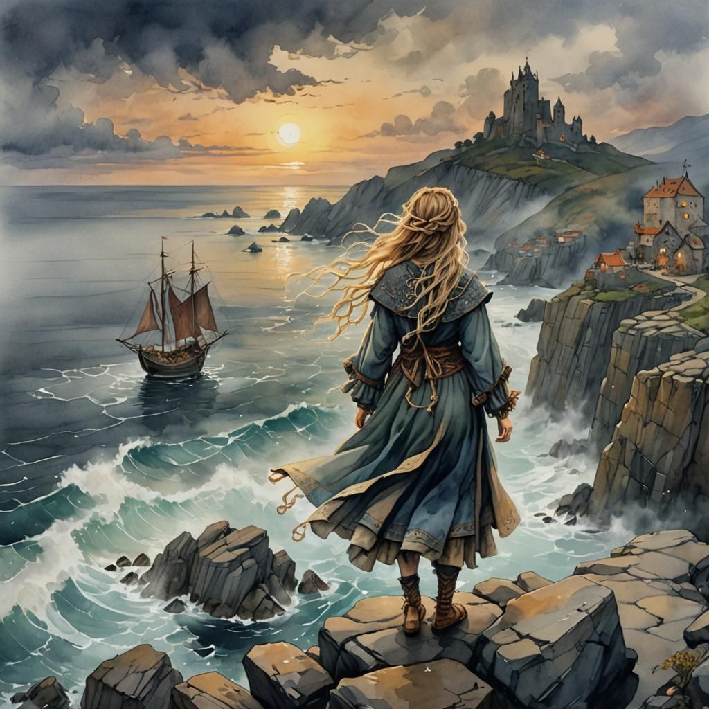 Woman Singing Above Stormy Sea, Watercolor Twilight