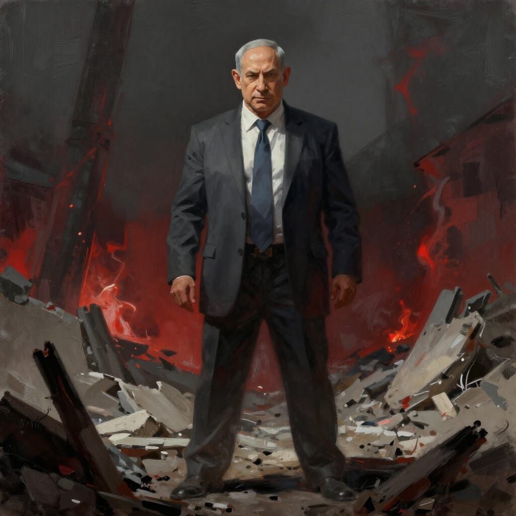 Netanyahu on Gaza Rubble: Dystopian Concept Art