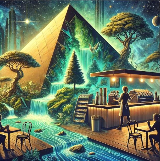 The coffee shop is located inside a giant pyramid floating i...