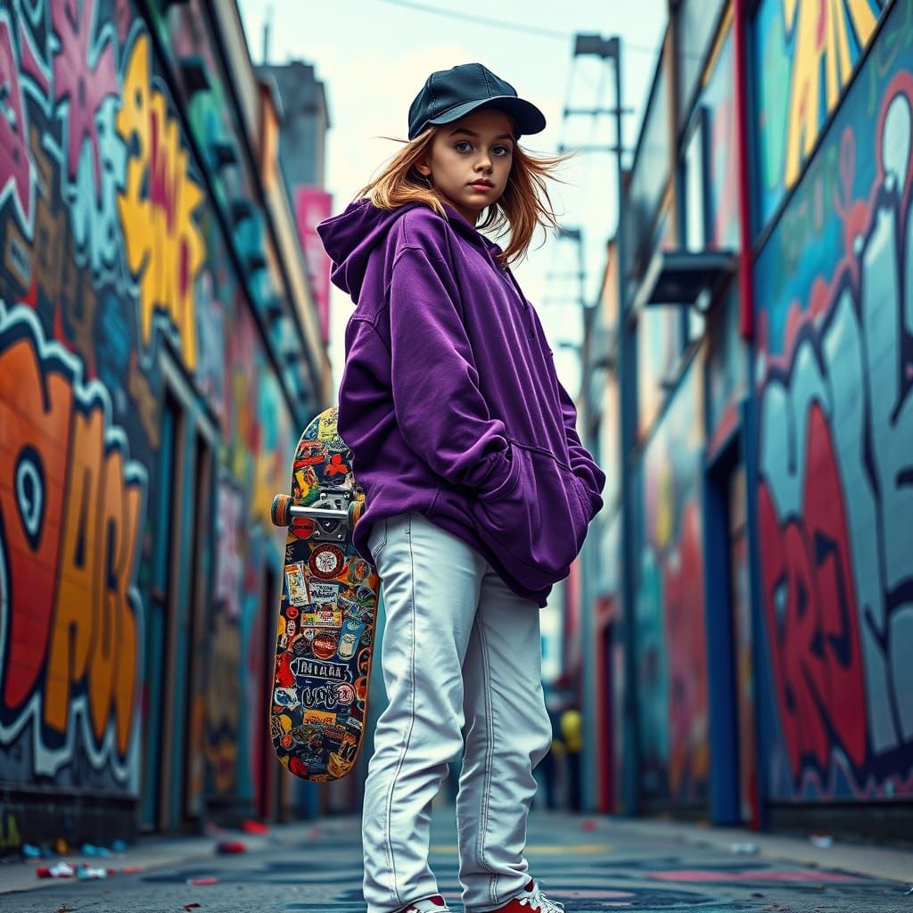 Teen Skater in Graffiti Street, Hyper-Detailed Matte Paintin...