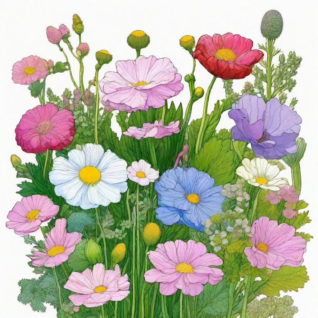 artistic illustration, botanical floral, Mœbius  by @g r r c