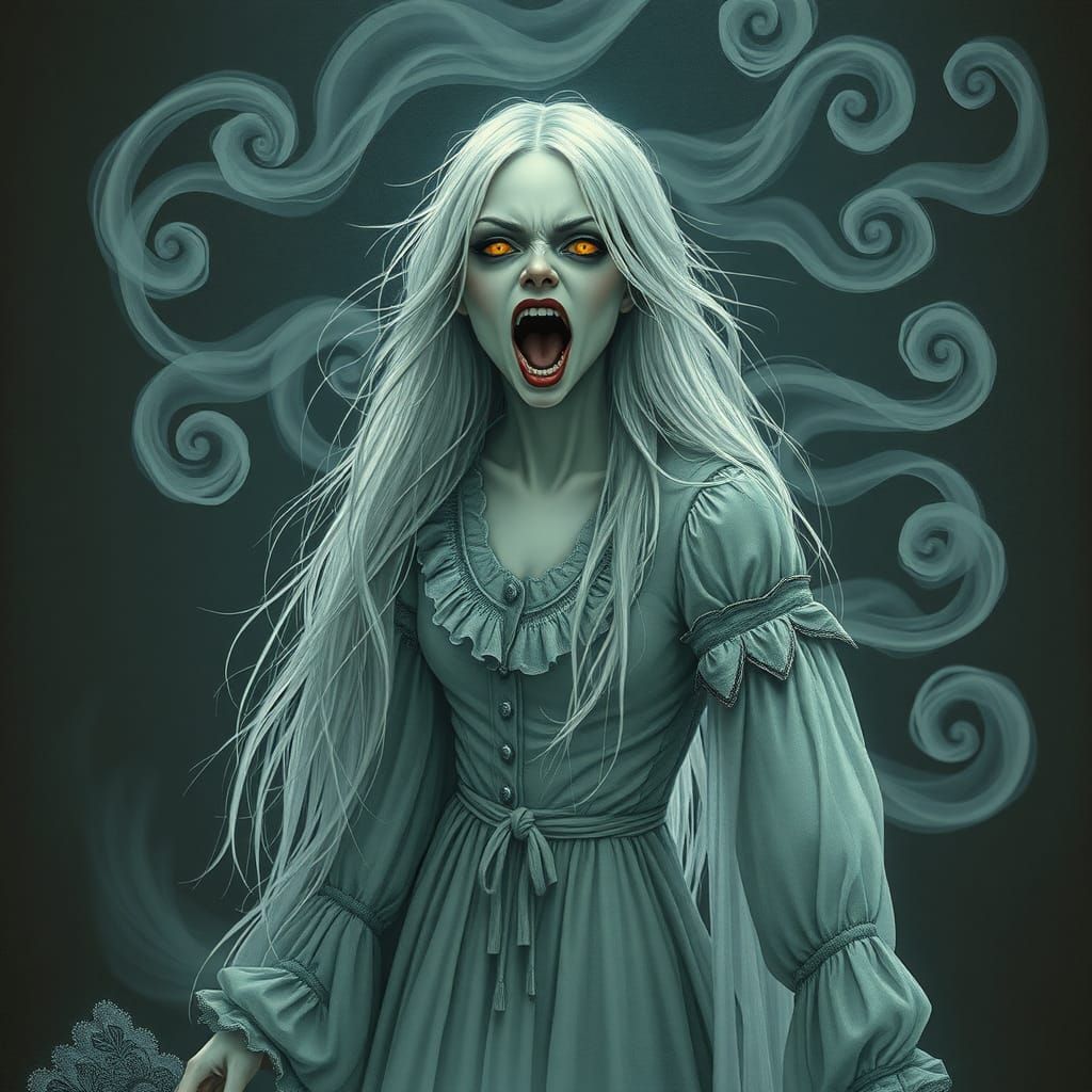 Ghost Portrait of female ghost with long flowing hair dark haunted eyes and an open howling mouth.  Wispy foggy transparent swirls
