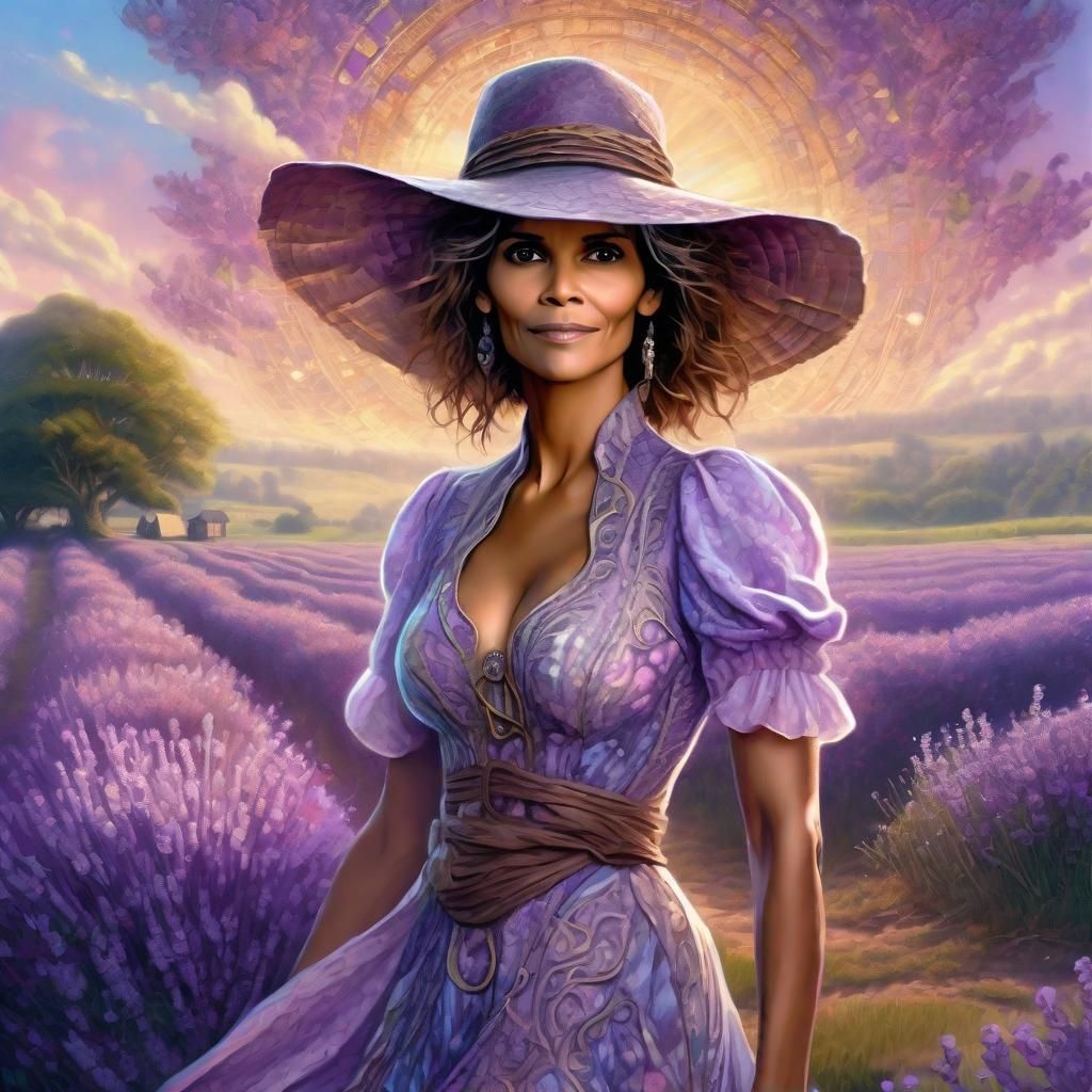 Halle Berry in a lilac printed sensual dress, Strawhat, Lave...