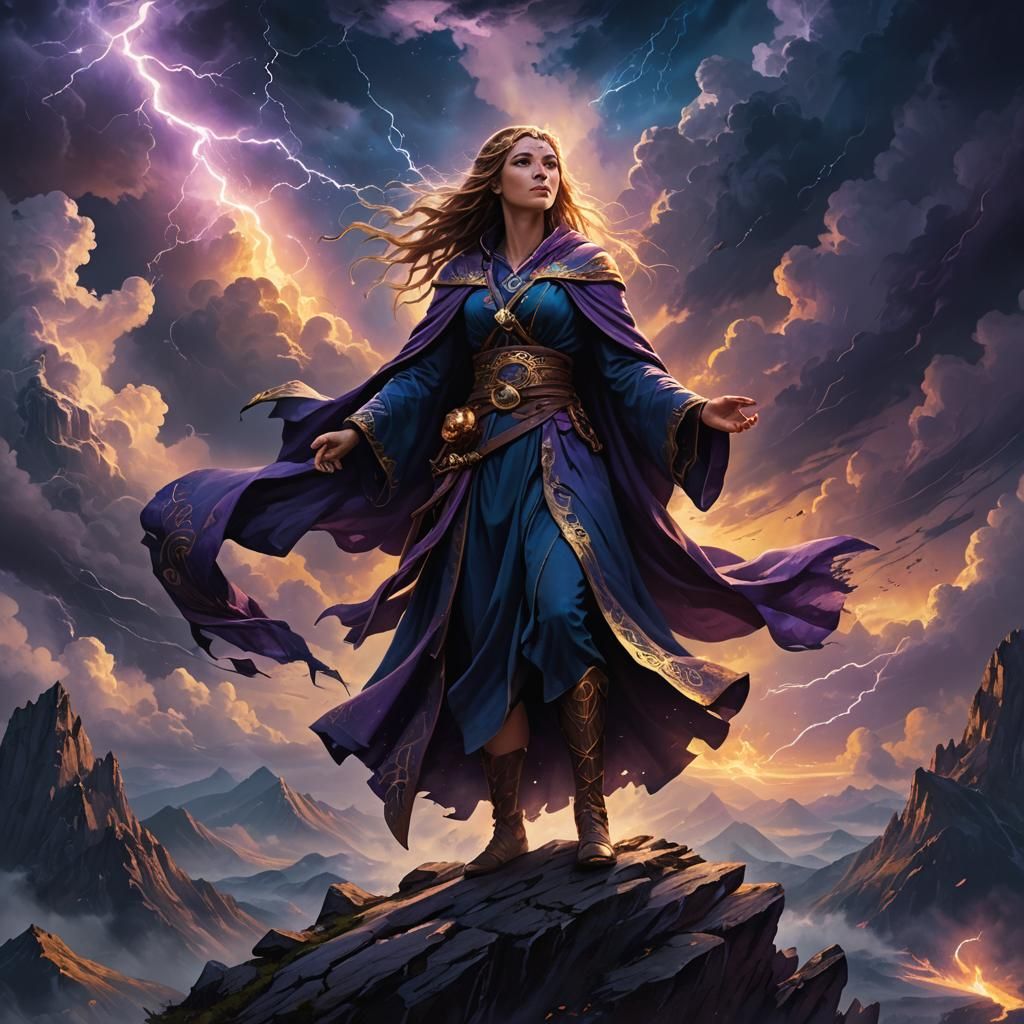 Sorceress Summons Stormy Night Sky: Fantasy Concept Art