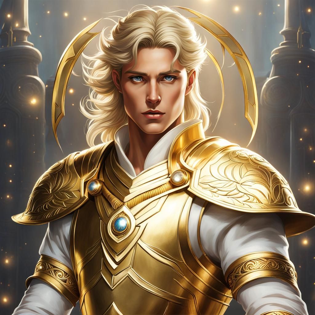 Norse god of light baldr, teen, wearing golden bracelets, white outfit ...