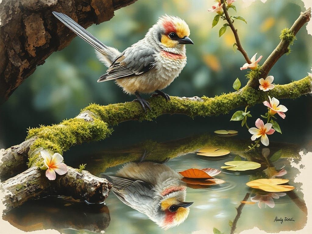 Grundgy gentle inky paint smudged art of an Exotic colourful bird with textured pastel and silver and ...  by @AutumnBear