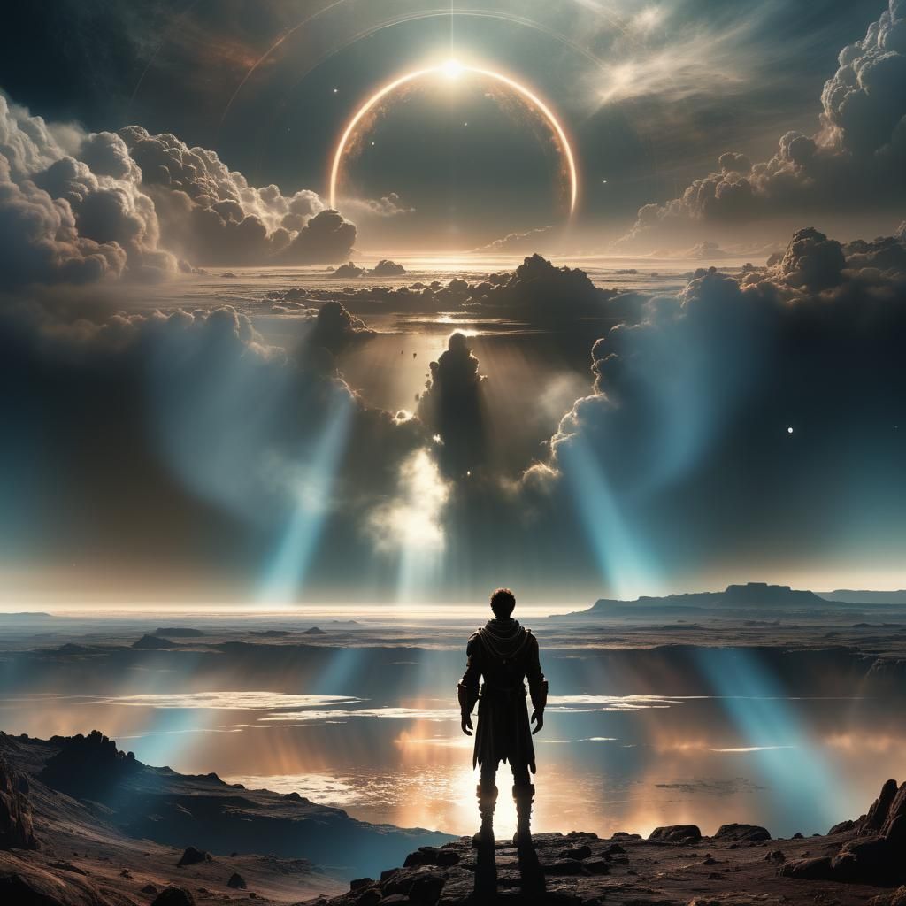 View from Titan the moon of planet Cronos with a man stant in surface  by @undefined