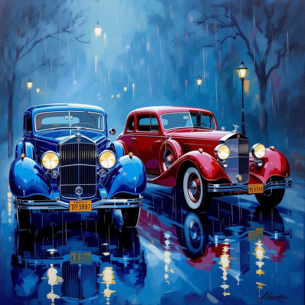 Vintage Cars in Rain: Moody Oil Painting