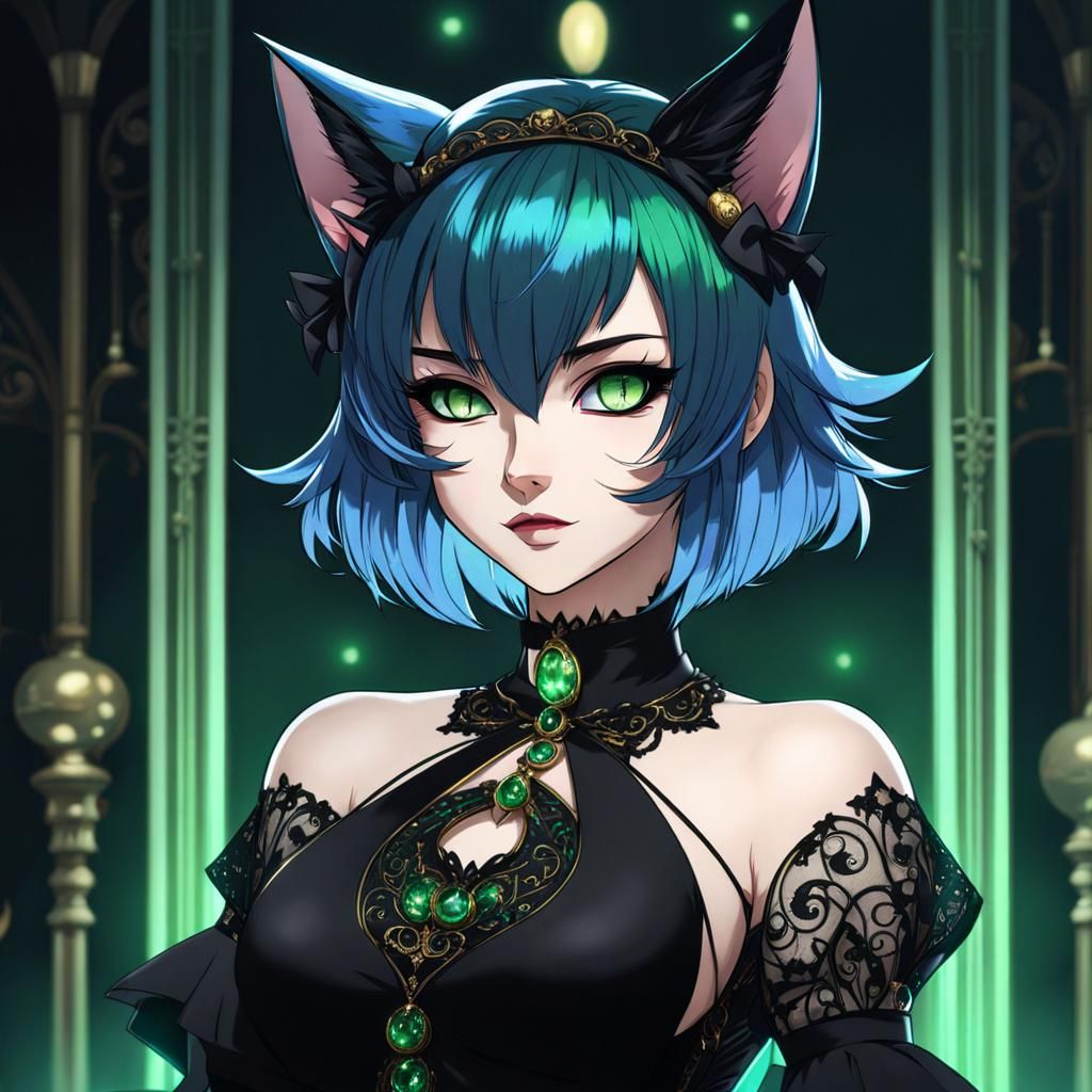 Anime by artist "MAPPA", Cat Girl Goth, Short Blue Hair, Mul...