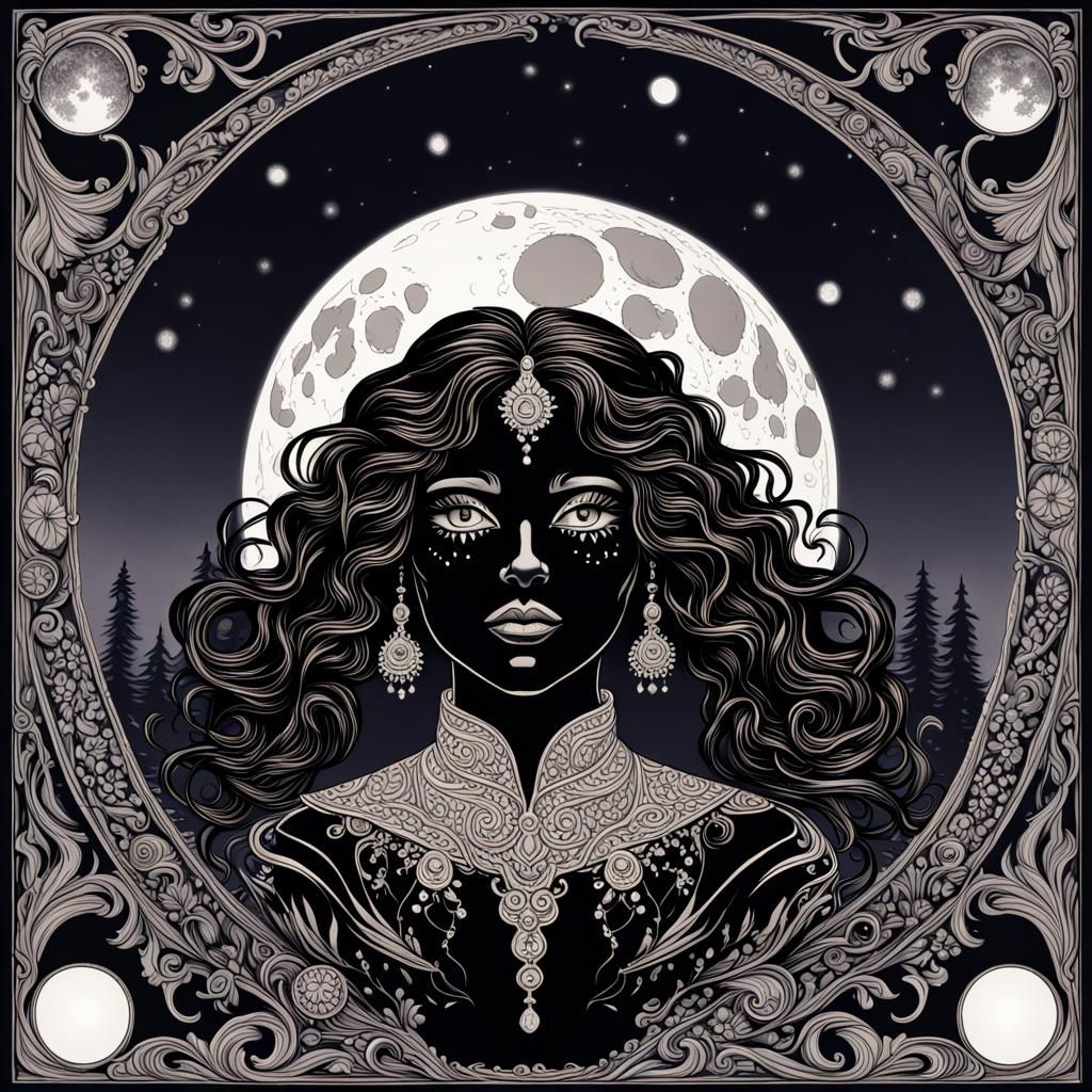 Full moon with a black cosmic silhouette of a woman