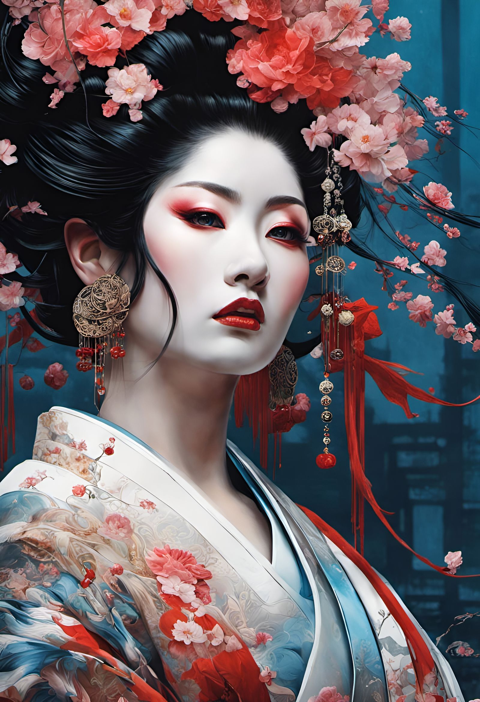 Geisha with Colorful Ink Flow in Anime Style