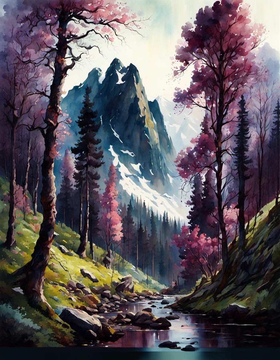 Spring mountainous forest (SDXL)  by @VulcanSphere
