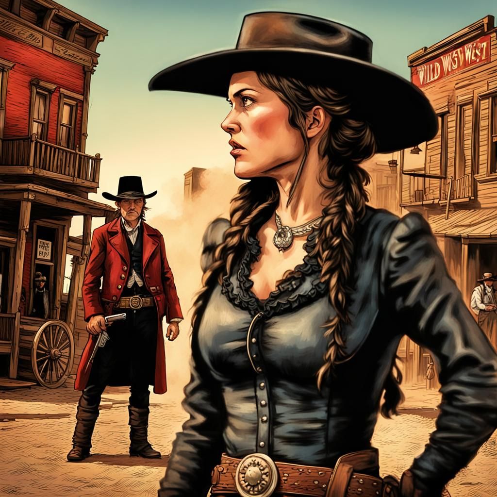 Two women gunfighters face each other on an old west street while ...