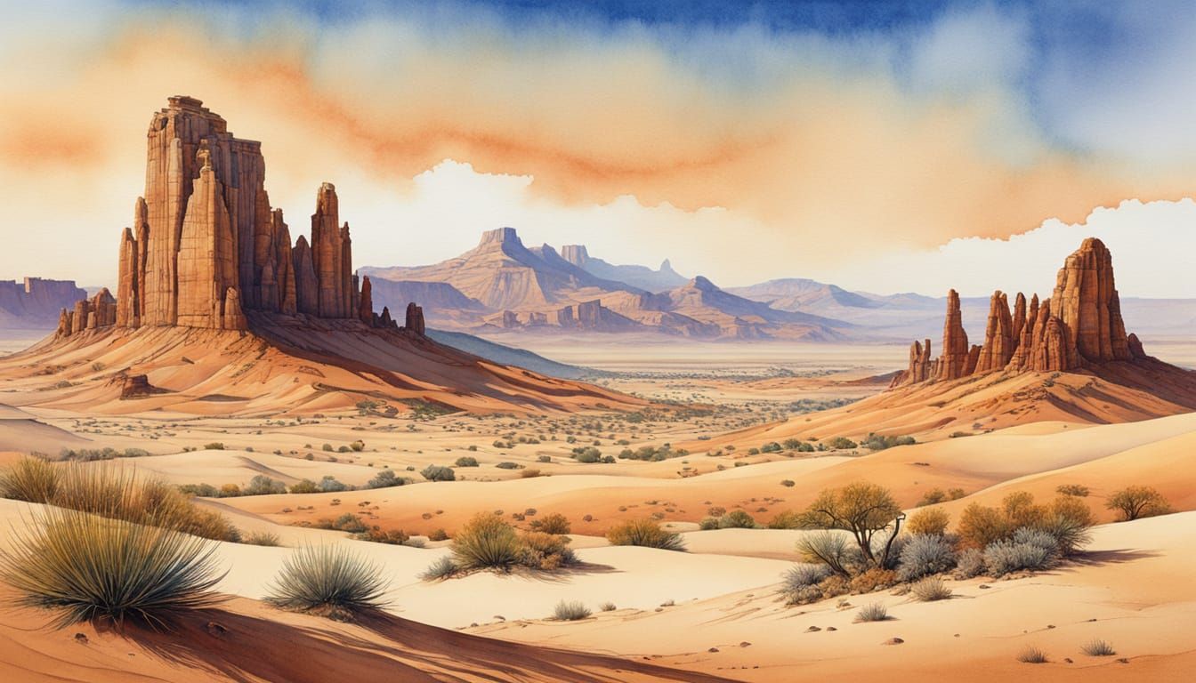 Cozy Wild West Town in Desert, Watercolor Style