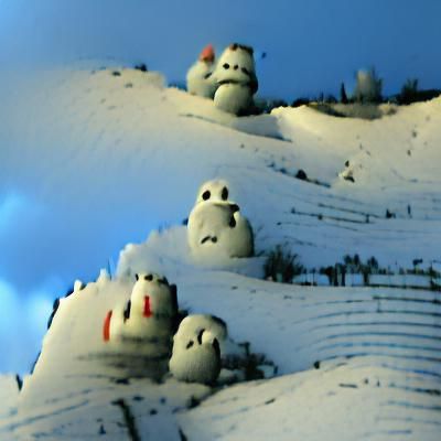 Snowy hill covered in scary snowmen
