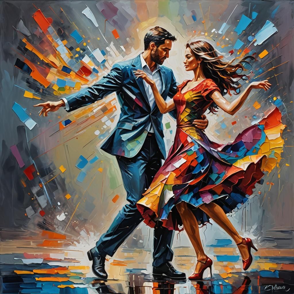 An abstract painting of a man and a woman dancing. Oil paint...