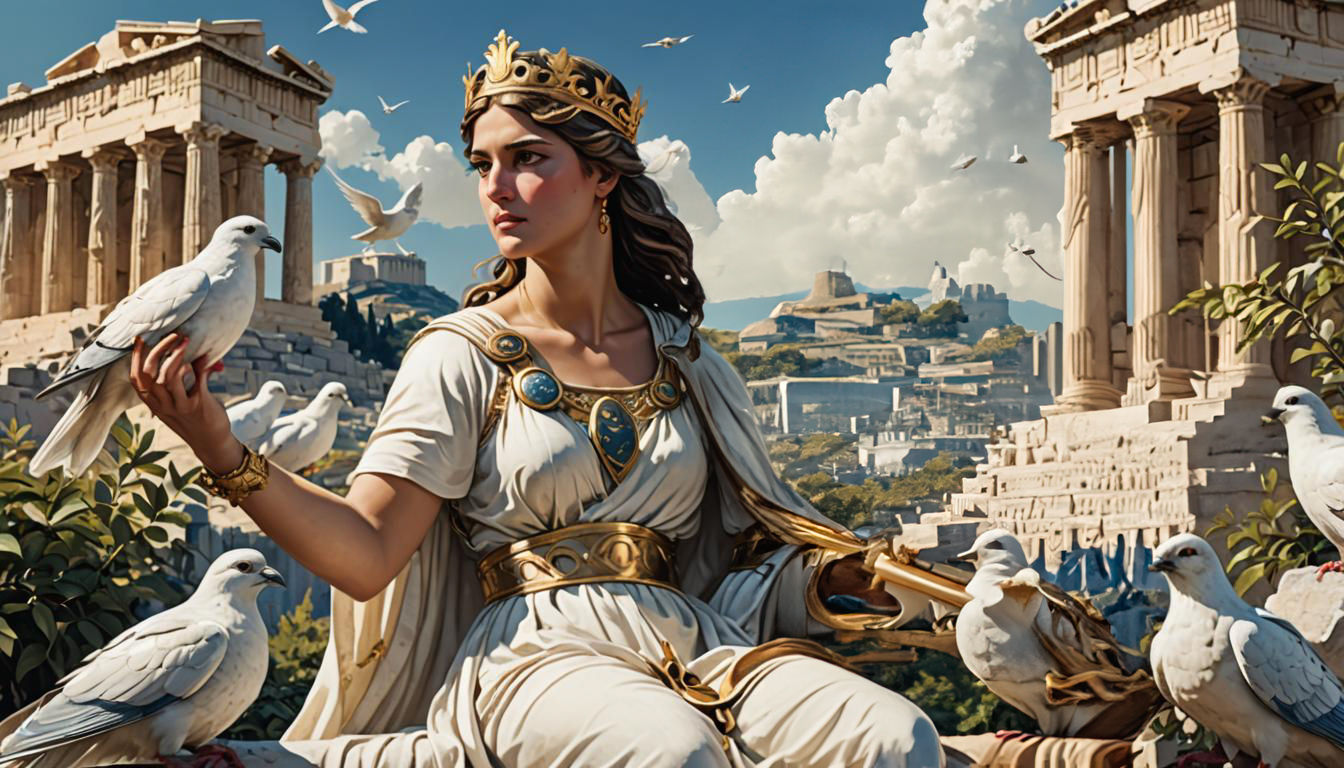 Athena, the Greek Goddess of wisdom feeding the Doves