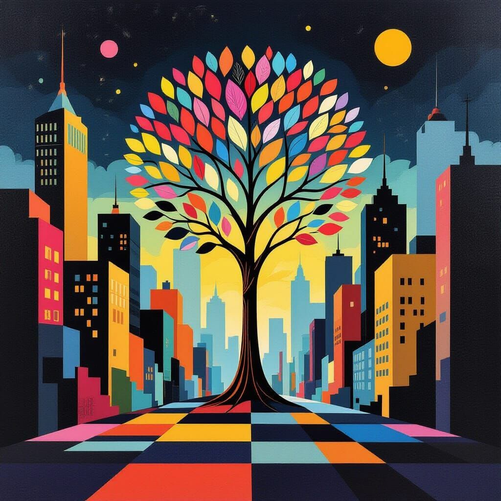 Geometric Bauhaus Cityscape with Ancient Tree