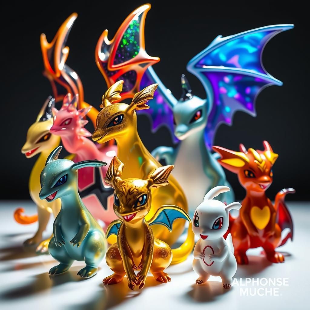 A collection of pokemon figurines in glass enameled, translucent, iridiscent, 3d shading, cel-shaded, volumetric lighting , Alphonse Mucha,...