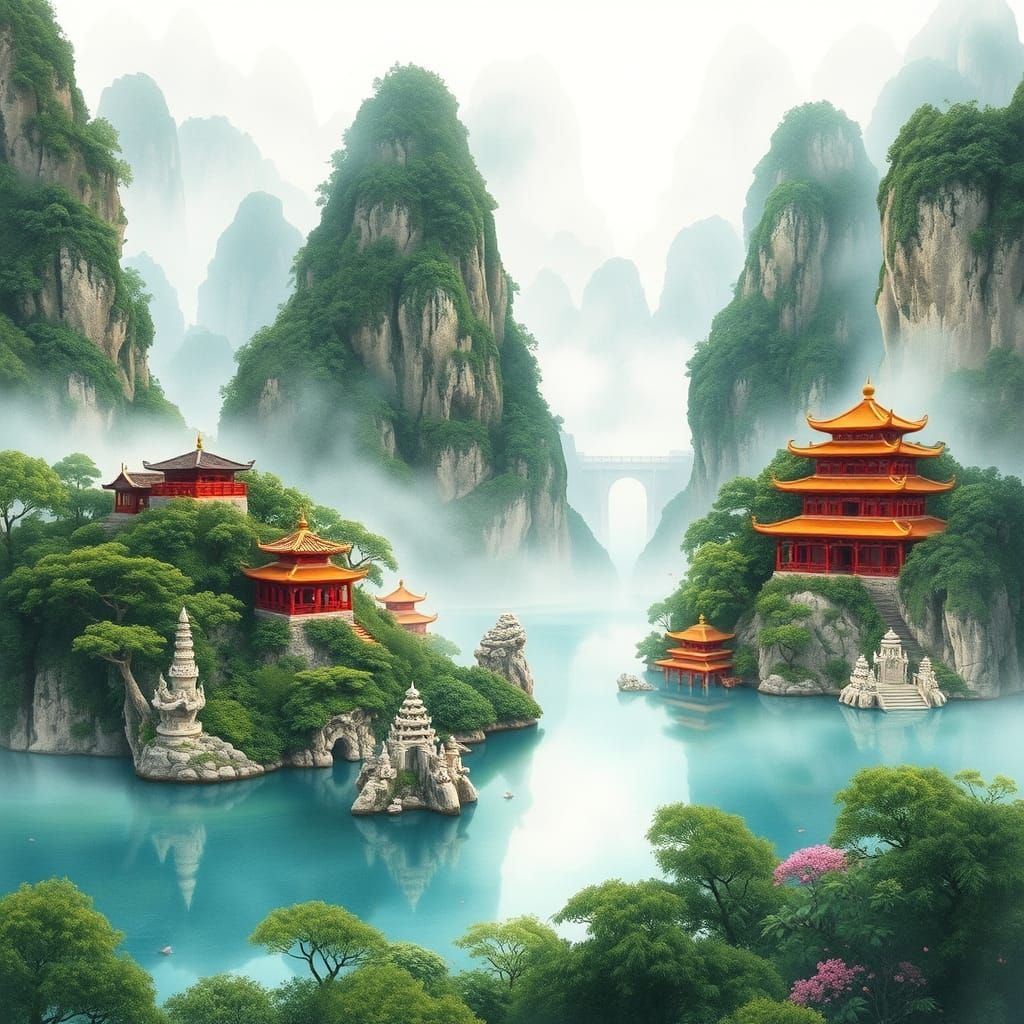 Misty Stone Forest Landscape in Watercolor Style