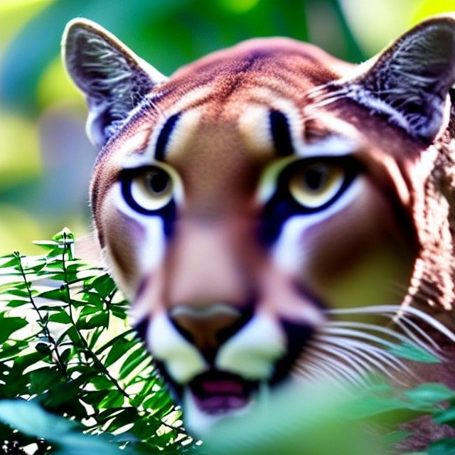 Realistic, hyper-realism, puma in the green jungle undergrow...
