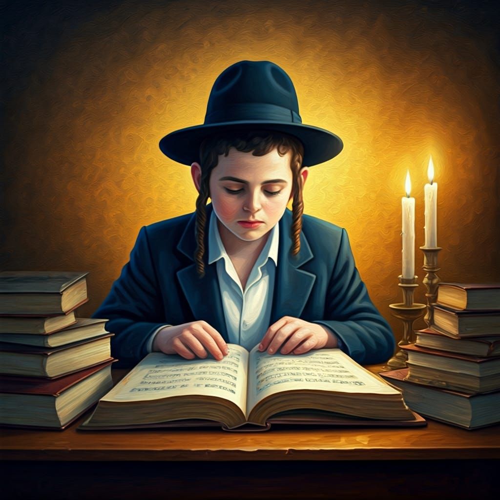 Boy Studies Torah in Jewish Folk Art Style