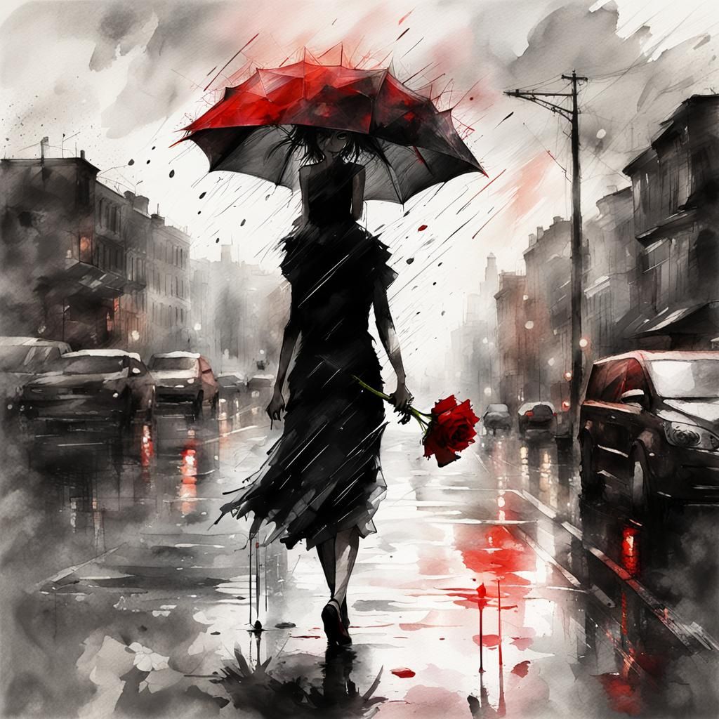 Woman in Rainy City: Digital Watercolor Illustration