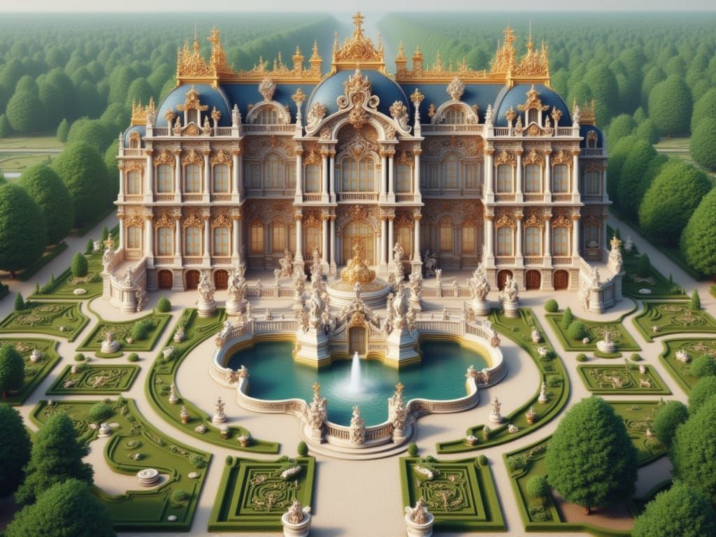 Drone view of the exterior of the palace of Versailles, a French Rococo palatial estate of opulent intricate design