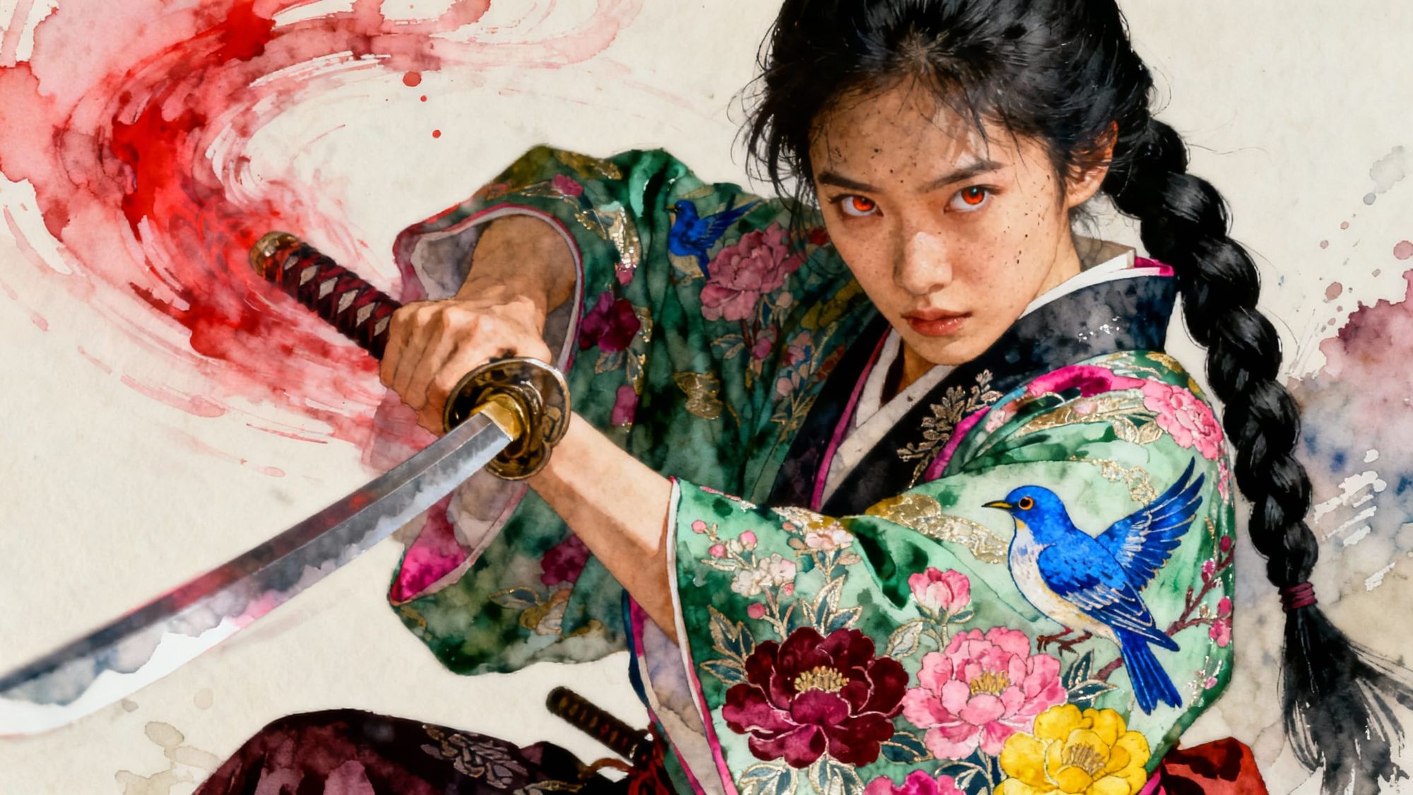 Full-screen, complete width, broad, 16:9 format of a delicate beautiful 
beautiful samurai with a long black braid, wearing detailed silk ki...