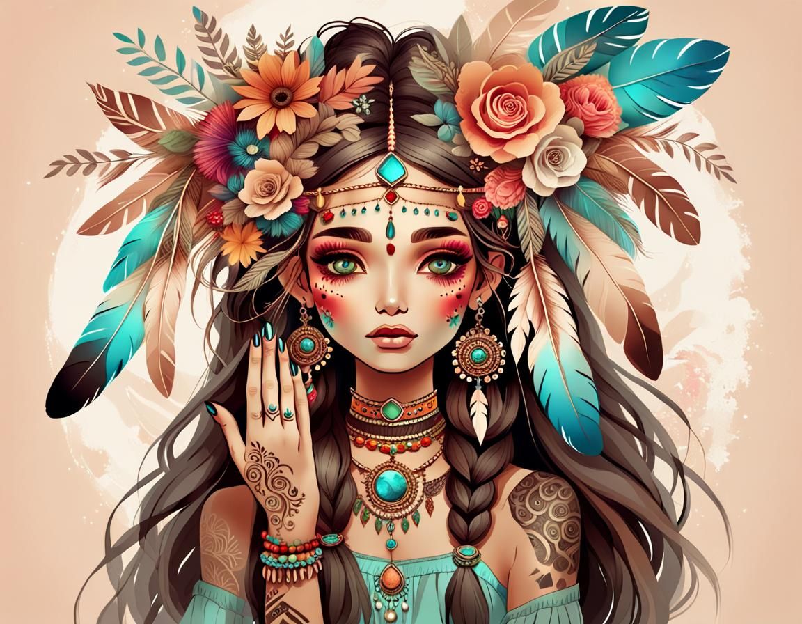 fantasy digital art of ethereal bohemian woman, Her face is ...