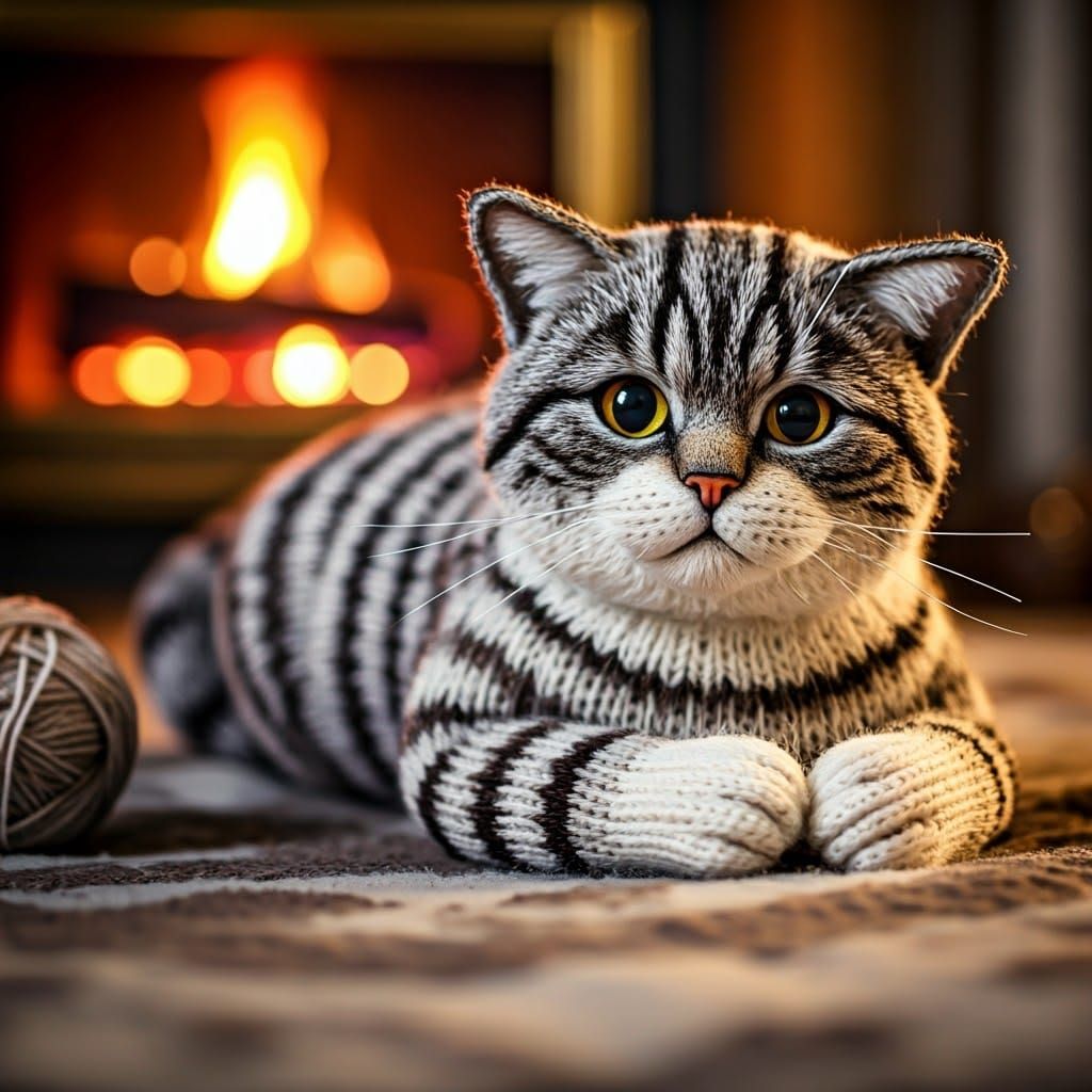 My Knitted Kitty - lays beside a glowing fireplace  by @Murray