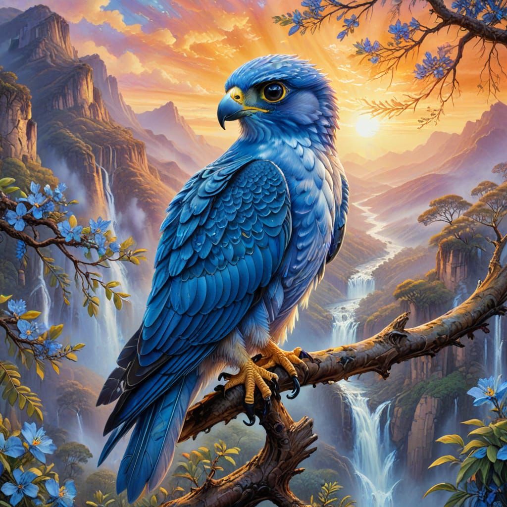 Adorable cute baby blue hawk falcon hybrid perched in a branch of a jacaranda tree. Big expressive eyes. ...  by @lolodile06