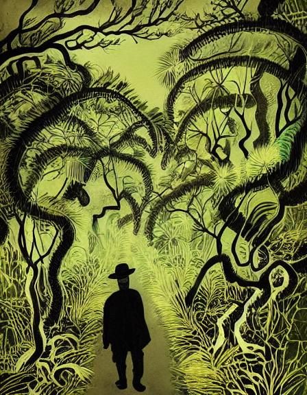 silhouette of a man with a big hat tracing paths in the dark...