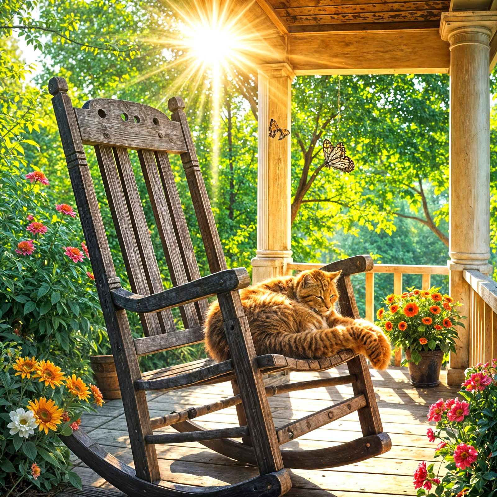 Stunning image of a creaky old rocking chair sitting on a sunlit wraparound porch in the summer. There’s ...  by @Mistymaywrite