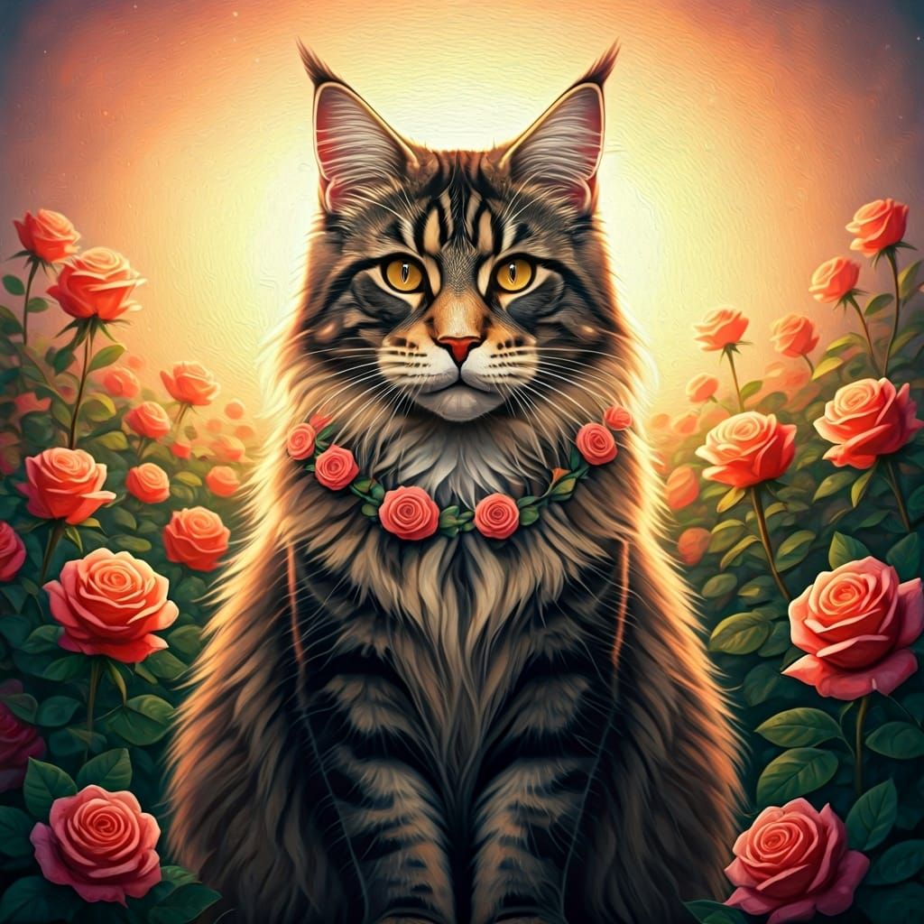 Mainecoone and roses