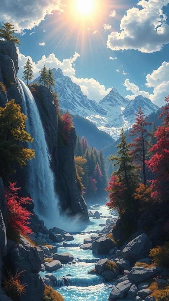 a waterfall and a river flowing through a rocky mountain for...