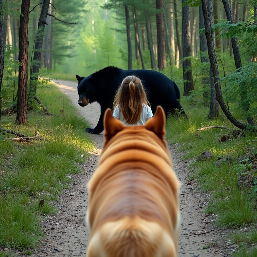 Teen Girl Protected by Leonberger Dog and Watchful Black Bea...