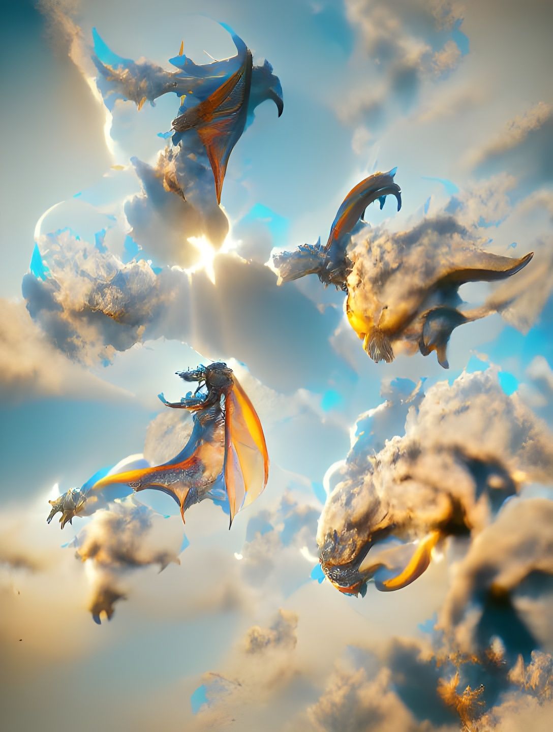 Dragons flying in the sky, realtime fluid simulation, Blende...